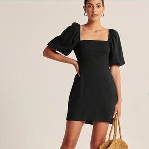 Abercrombie & Fitch Puff Sleeve Linen Blend Mini Dress in Black